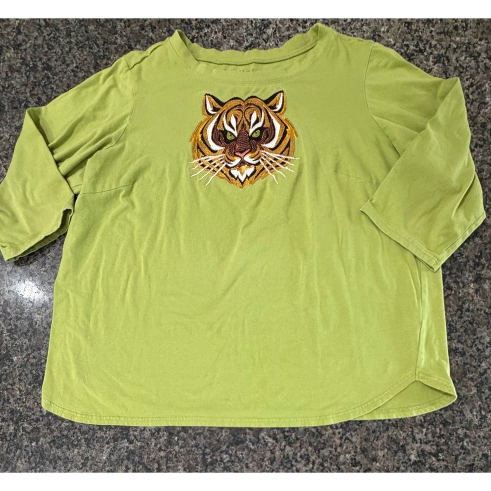 Bob Mackie Wearable Art Lime Green Tiger Sequin 3/4 Sleeve Top Plus Size 1X